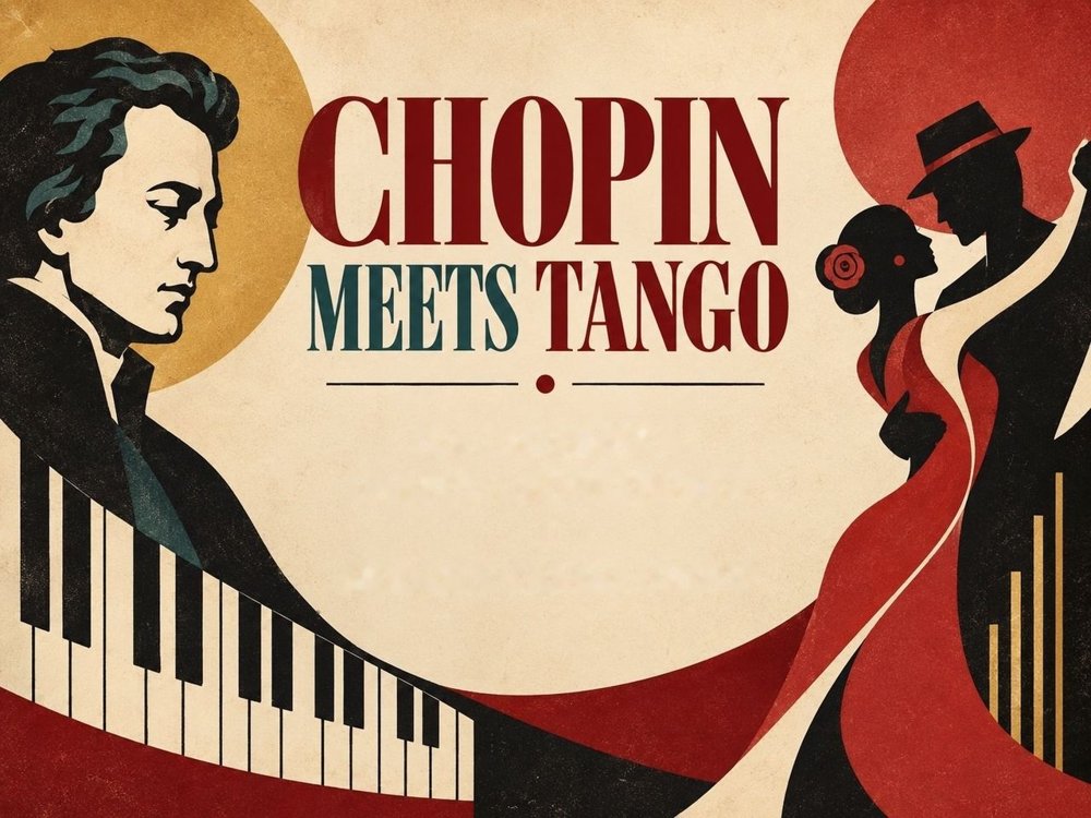Grafika Chopin Meets Tango: Chopin przy fortepianie i para tancerzy tanga